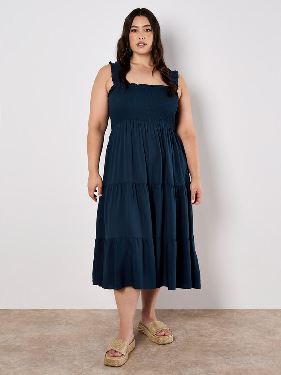 Smock Tiered Midi Dress, Navy, large