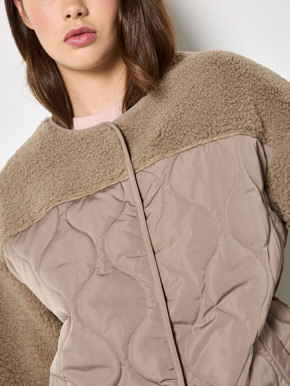 Contrast Borg Quilted Jacket, Brown, large