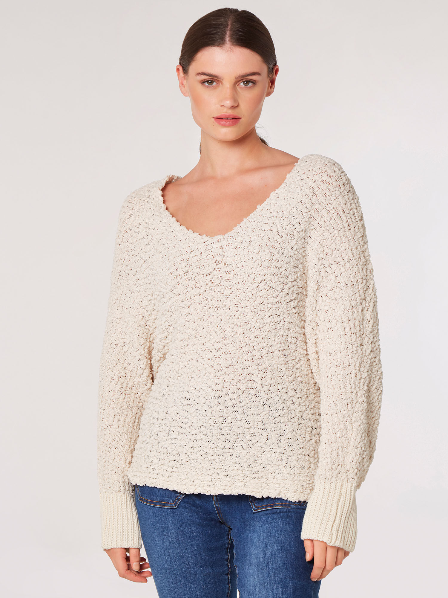 Popcorn Knit Batwing Jumper Apricot Clothing
