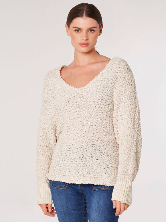 Popcorn Knit Batwing Jumper, Stone, large