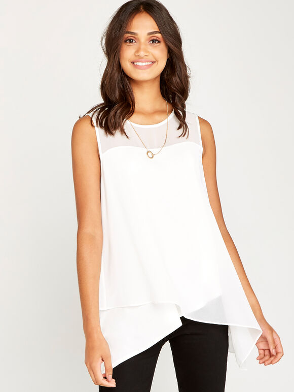 Cross Over Hem Sleeveless Top, Cream, large