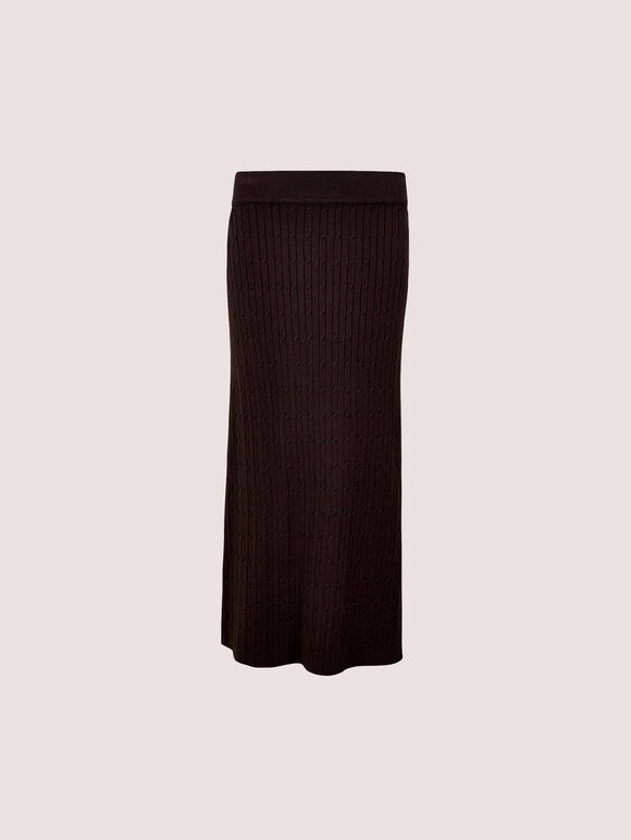 Fine Knit Cable Midi Skirt, Brown, large
