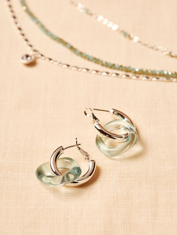 Resin Linked Hoop Earring, Silver, large