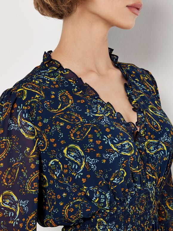 Paisley Ruffle Mini Dress , Navy, large