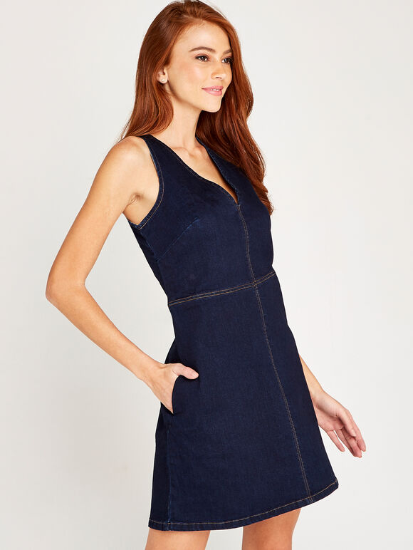Blue Denim A-Line Shift Dress, Blue, large