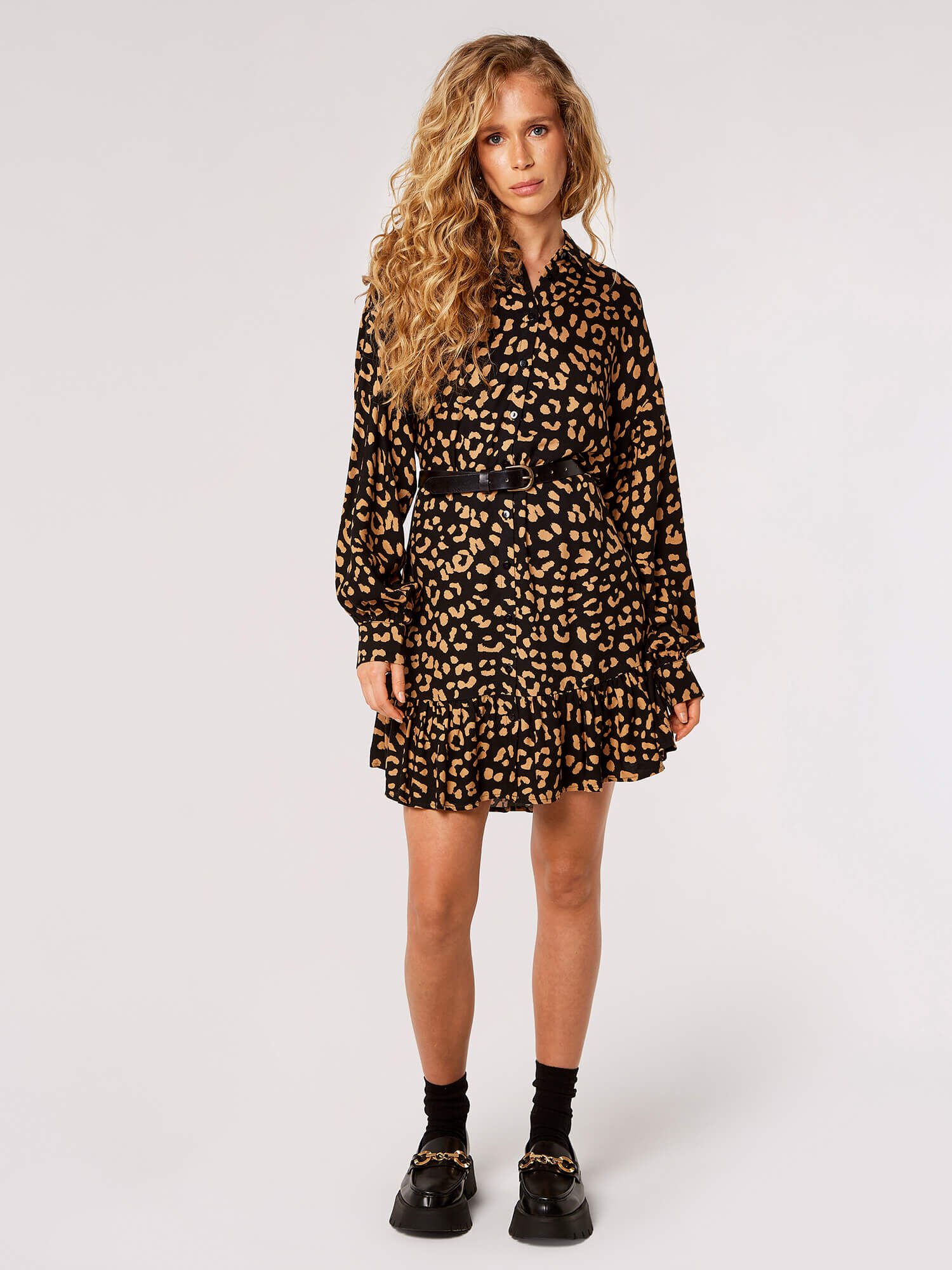 Leopard Print Shirt Mini Dress Apricot Clothing