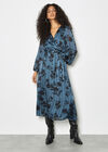 Satin Shimmer Floral Wrap Midaxi Dress, Blue, large