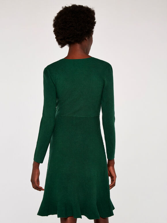 Knit Faux Wrap Ruffle Hem Dress, Green, large