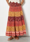 Patchwork Print Tiered Maxi Skirt, Orange, large
