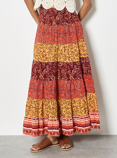 Patchwork Print Tiered Maxi Skirt