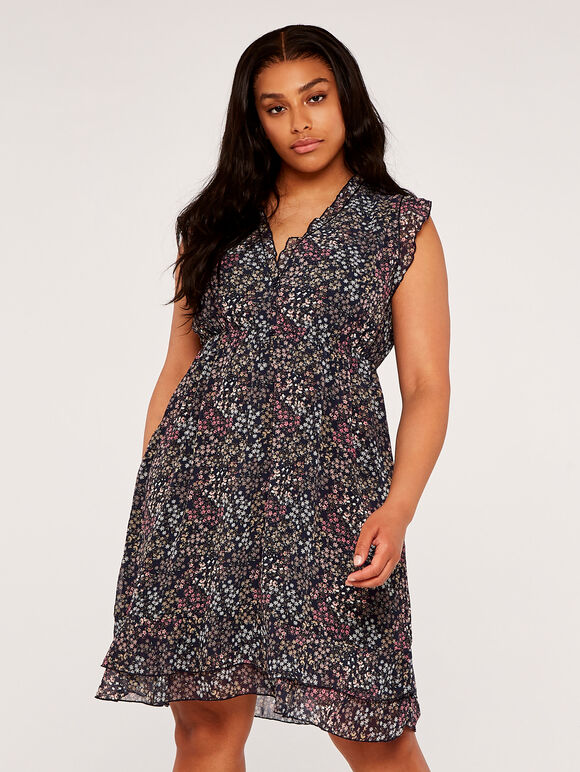 Curve Ditsy Floral Frill Chiffon Dress | Apricot Clothing