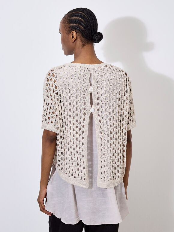 Knitted Mesh Layered Tunic Top, Stone, large