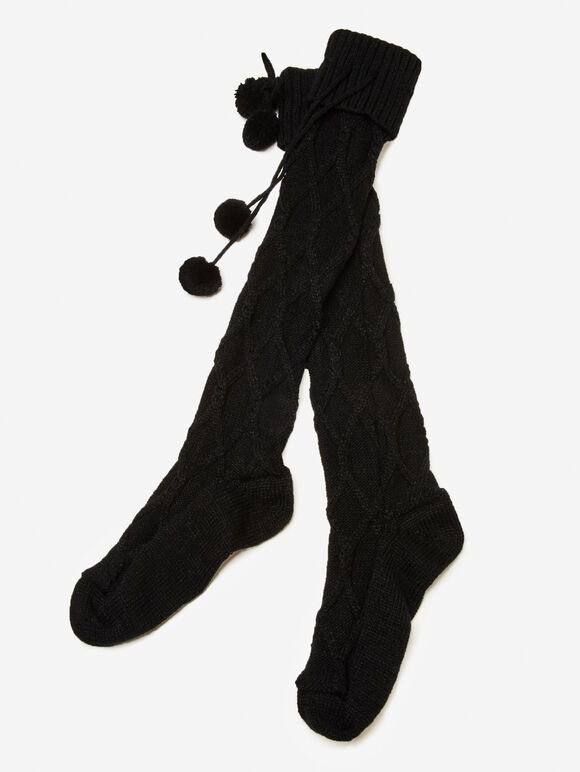 Pom Pom Knit Knee High Socks, Black, large