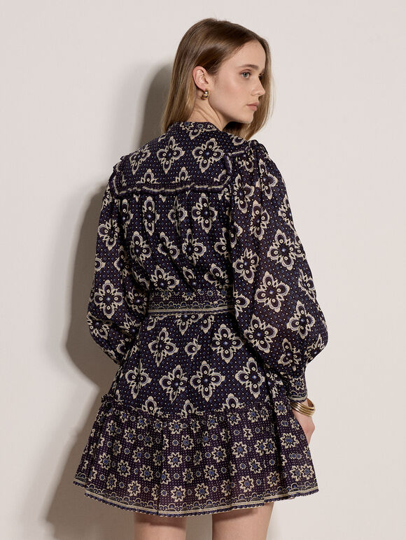 Tile Print Shift Mini Dress, Navy, large