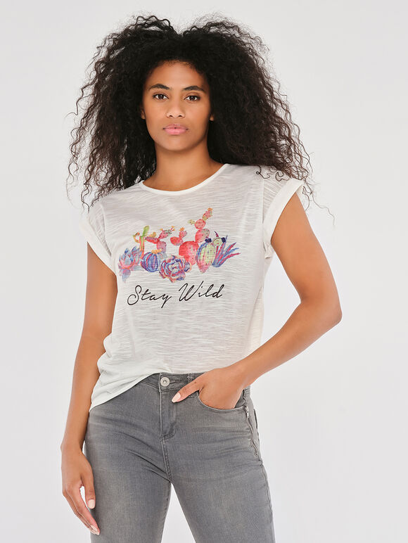 Cactus Stay Wild Slub Jersey Top, Cream, large