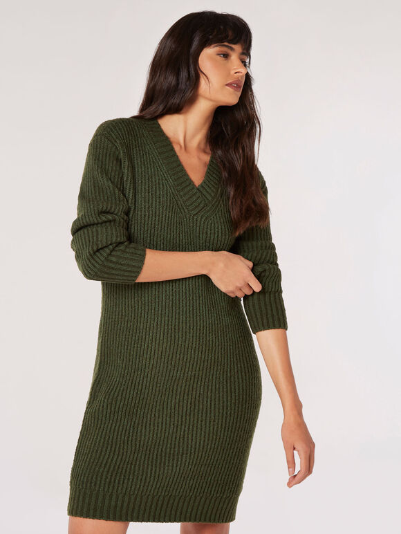 Ribbed Knit Jumper Mini Dress, Green, large
