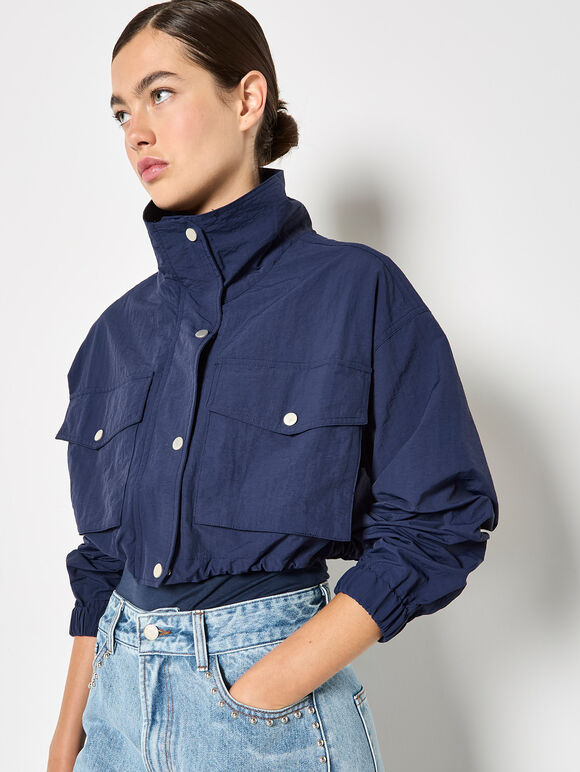 Sporty Cropped Jacket, Navy, large
