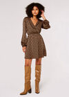 Geometric Satin Wrap Mini Dress, Brown, large