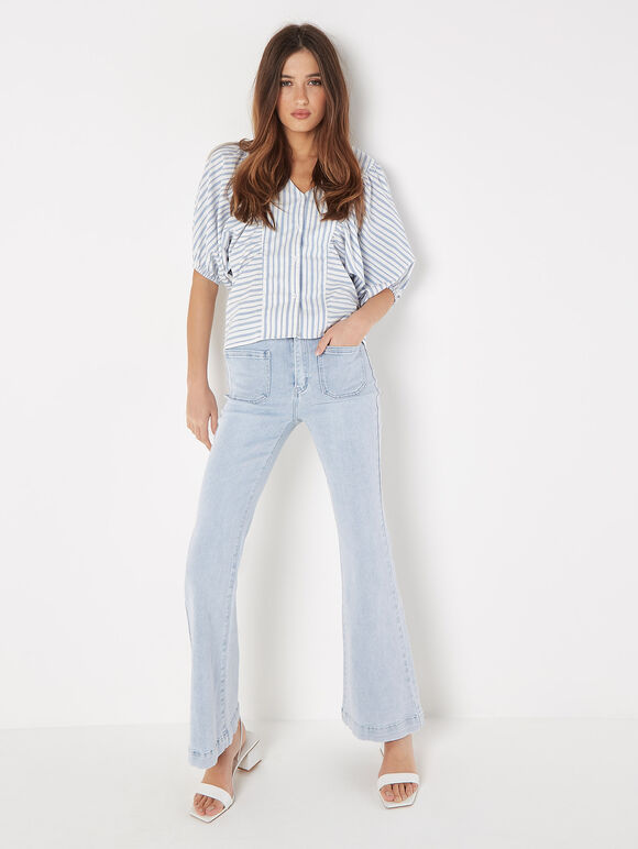 Stripe Balloon Sleeve Cotton Shirt, Blue, large