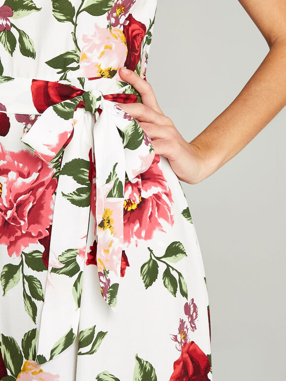 Rose Print Skater Dress, Cream, large
