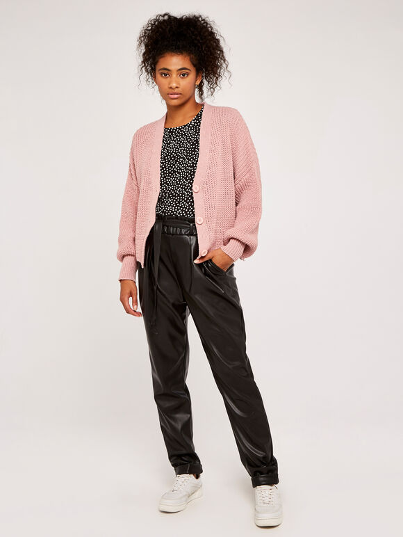 Chunky Knit Cropped Cardigan, Pink, large