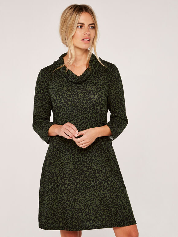 Leopard Print Flap Neck Swing Dress, Khaki, large