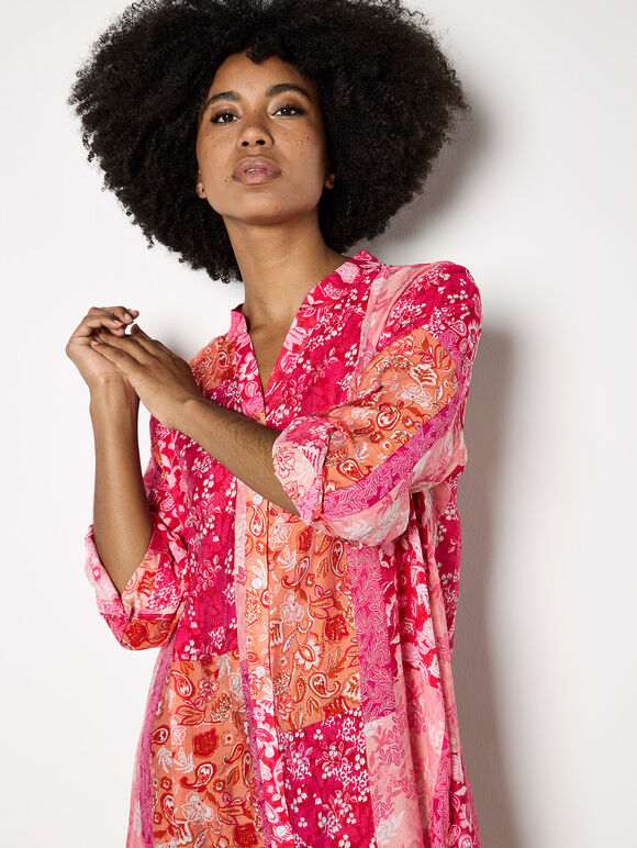 Folk Patchwork Tunic Top, Pink, large