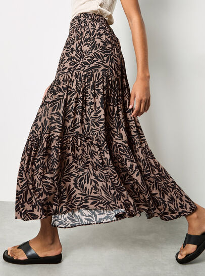 Leaf Print Tiered Midi Skirt