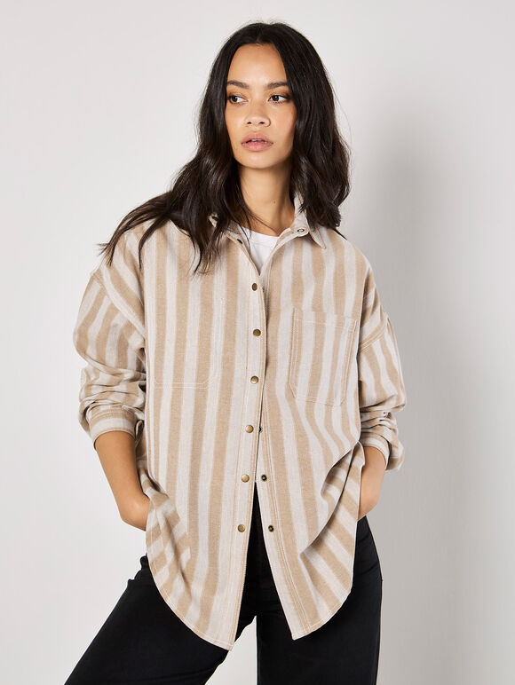 Twill Stripe Oversized Shacket, Stone, large
