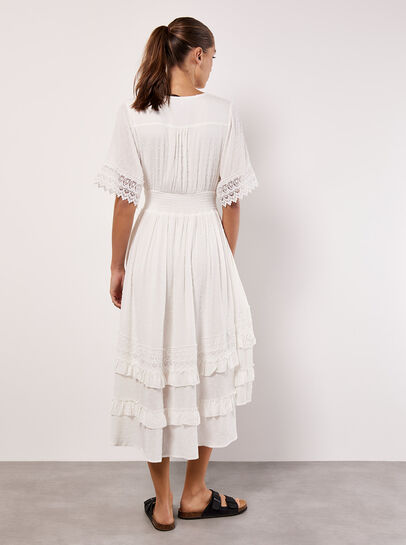 Dobby Ruffle Tiered Midi Dress