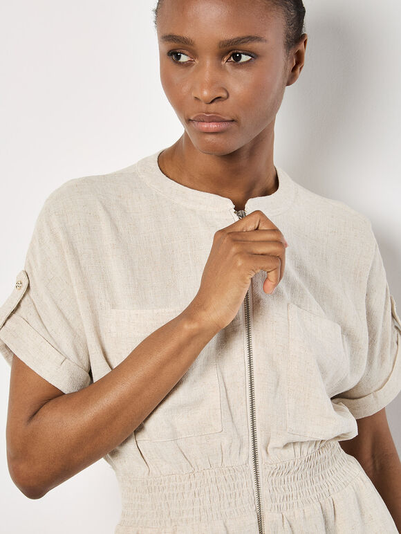 Linen Mix Utility Mini Dress, Cream, large