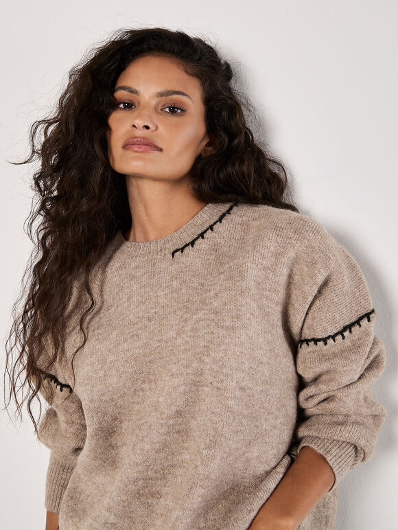 Oversized Stitch Detail Chunky Knit Jumper, Stone, large
