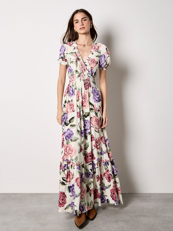 Chloe Floral Wrap Maxi Dress, Cream, large