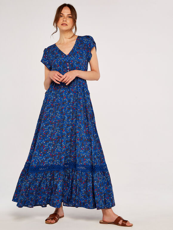 Floral Maxi Dress with Lace Detail, Blue, large