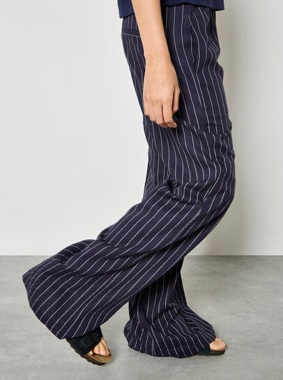 Pinstripe Linen Blend Wide-Leg Trousers