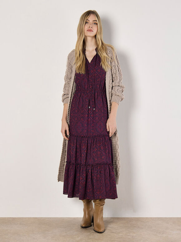 Mosaic Print Chiffon Maxi Dress, Burgundy, large