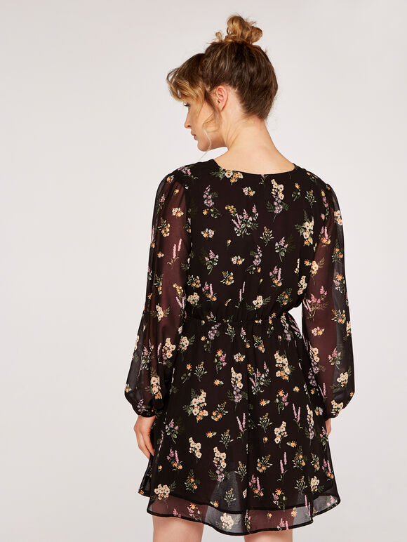 Floral Botanical Wrap Dress, Black, large