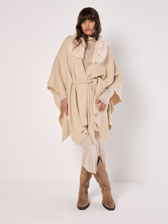 Faux Fur Collar Poncho, Stone, large