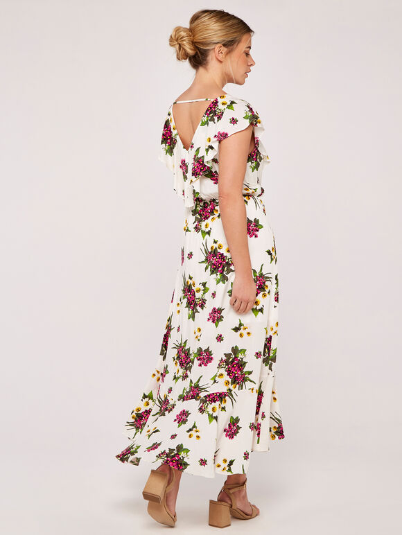 Floral Bouquet Ruffle Midi Dress, Cream, large