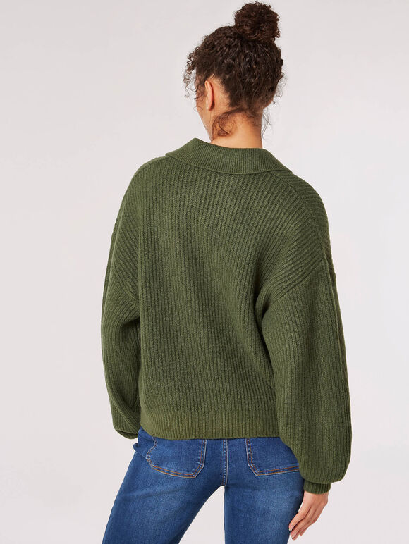 Collared Oversized Ribbed Jumper, Green, large