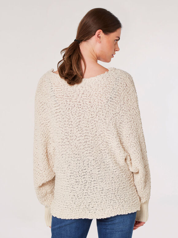 Popcorn Knit Batwing Jumper, Stone, large
