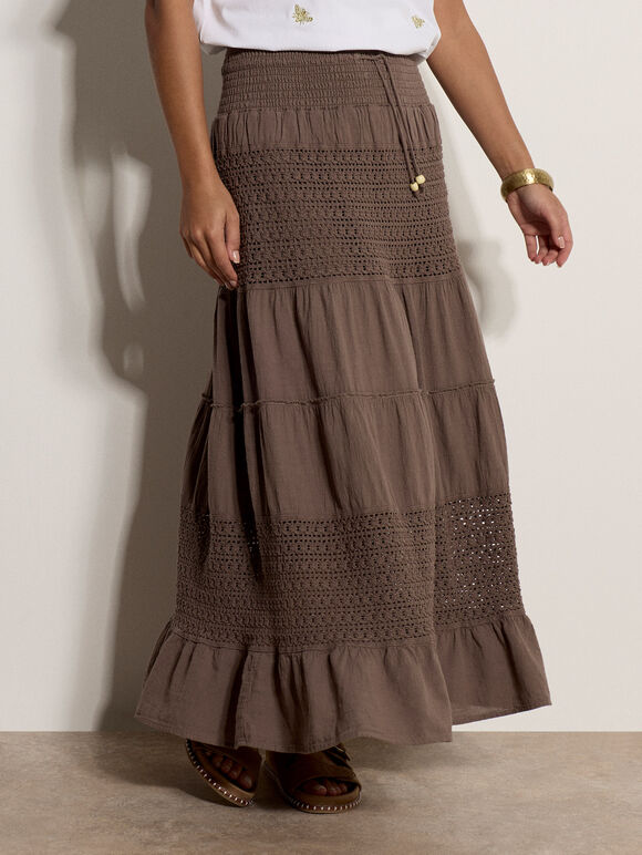 Crochet Tiered Maxi Skirt, Stone, large