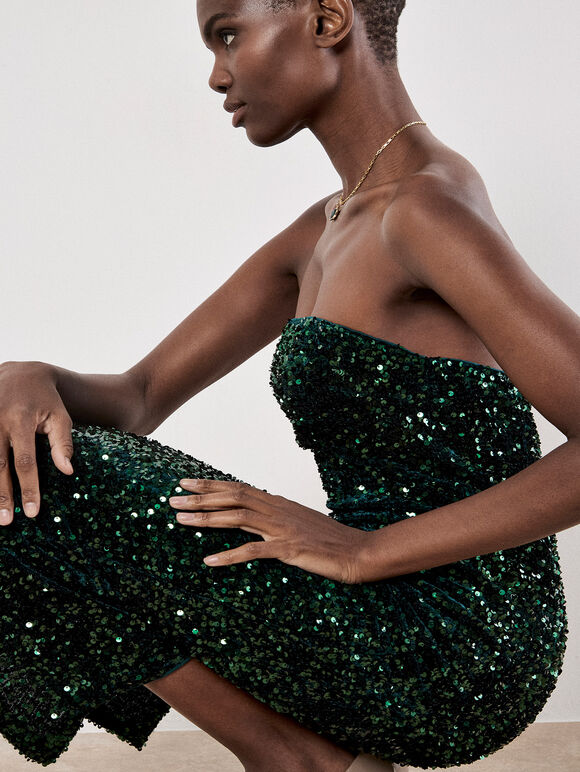 Sequin Bandeau Velvet Bodycon Midi Dress, Green, large