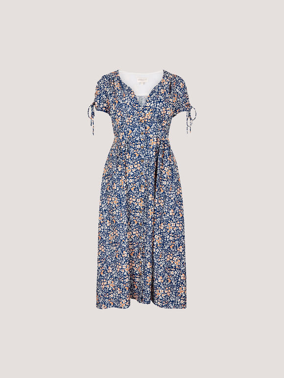 Ditsy Floral Button-Down Midi Dress, Blue, large