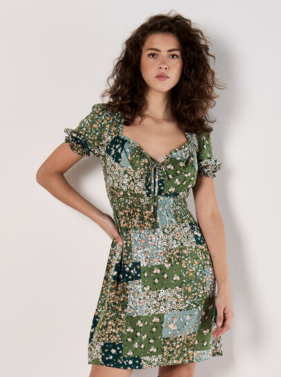 Ditsy Patchwork Milkmaid Mini Dress