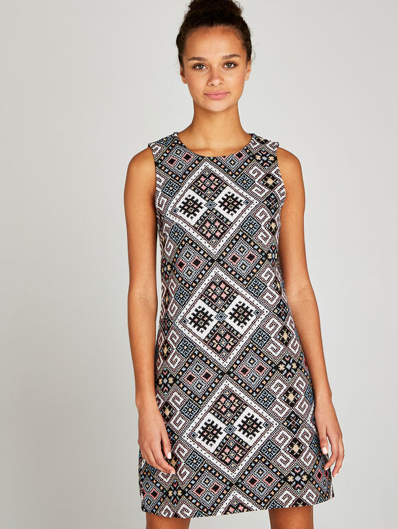 Black Tribal Jacquard Shift Dress, Black, large