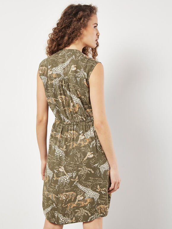 Tropical Animal Print Zip Mini Dress, Khaki, large