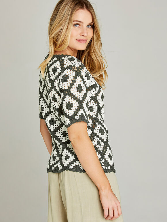Crochet Short Sleeve Top, Khaki, large