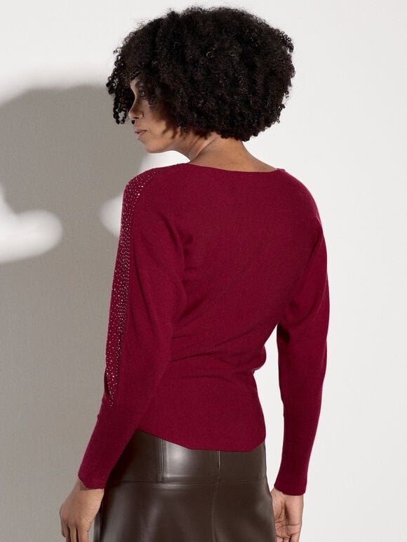 Diamante Ribbed Batwing Jumper, Burgundy, large