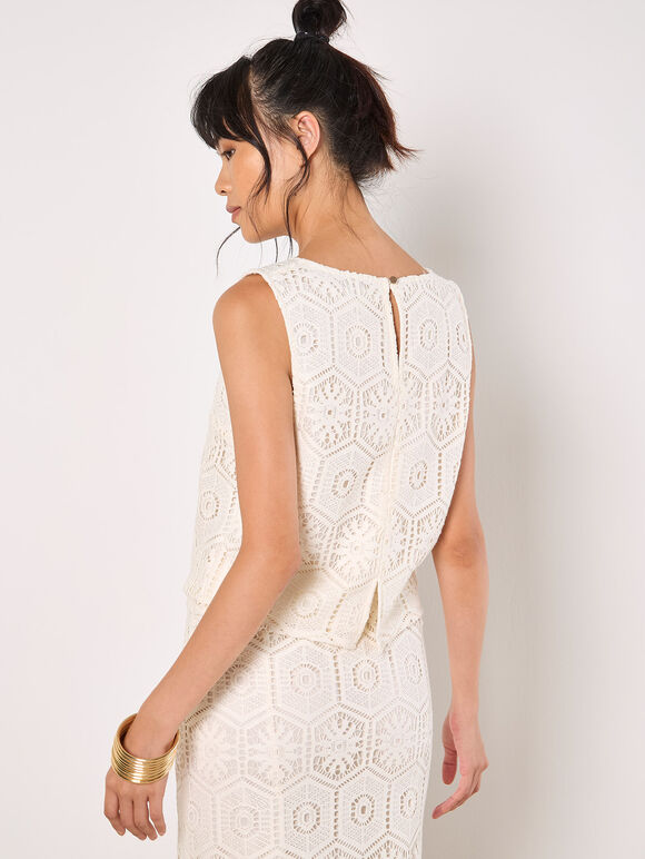 Crochet Lace Tile Shell Top, White, large